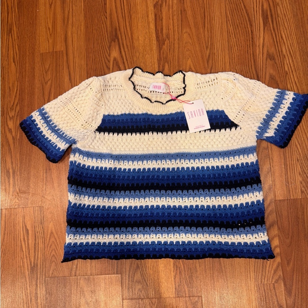 NWT Striped Crochet Short Sleeve Top